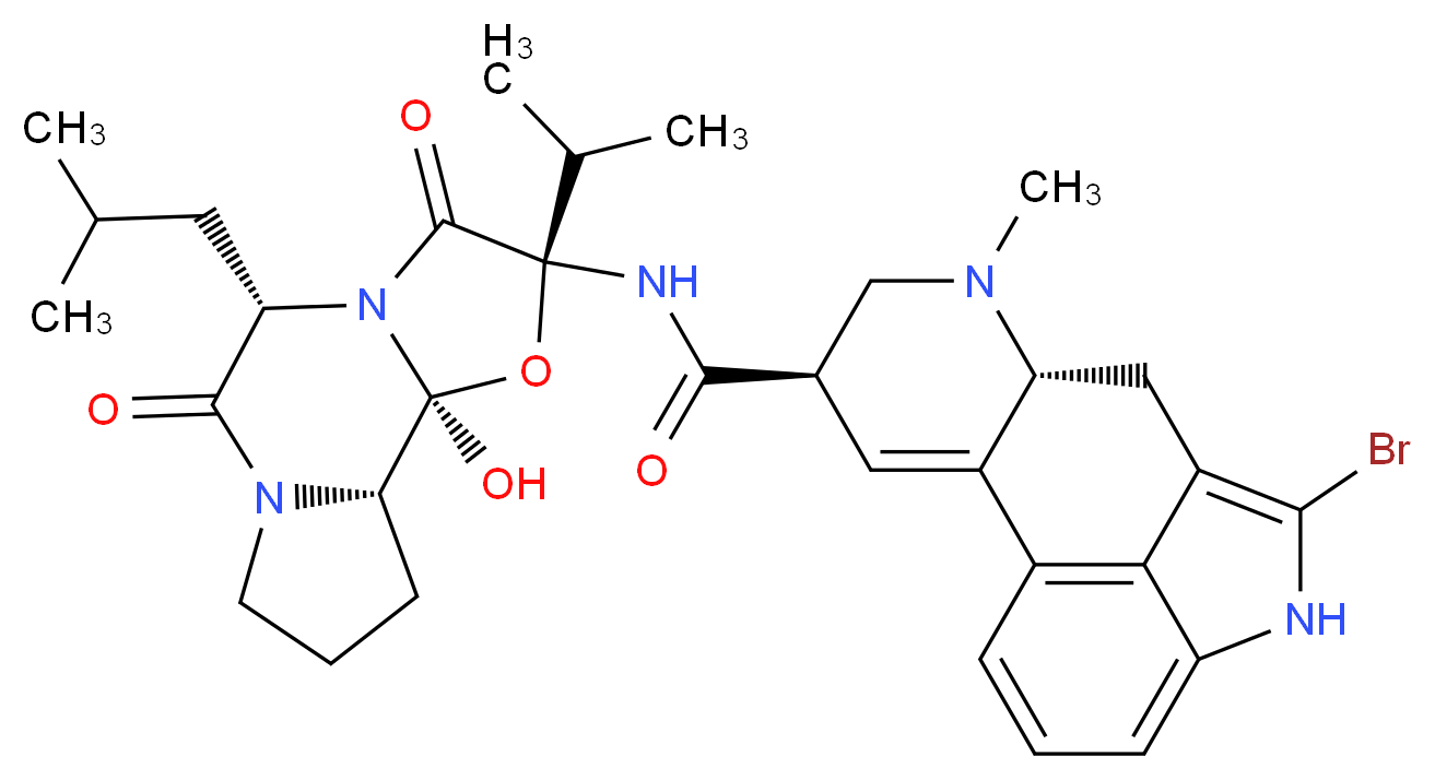 (4R,7R)-10-bromo-N-[(1S,2S,4R,7S)-2-hydroxy-7-(2-methylpropyl)-5,8-dioxo-4-(propan-2-yl)-3-oxa-6,9-diazatricyclo[7.3.0.0^{2,6}]dodecan-4-yl]-6-methyl-6,11-diazatetracyclo[7.6.1.0^{2,7}.0^{12,16}]hexadeca-1(16),2,9,12,14-pentaene-4-carboxamide_分子结构_CAS_25614-03-3