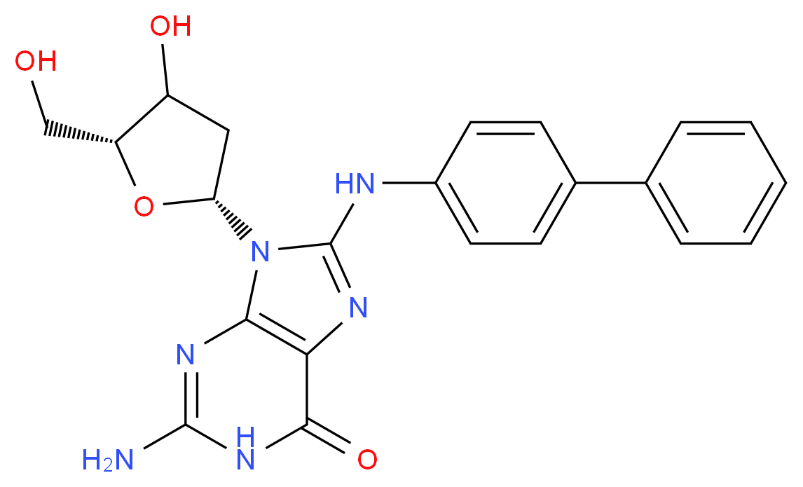 2-amino-9-[(2R,5R)-4-hydroxy-5-(hydroxymethyl)oxolan-2-yl]-8-[(4-phenylphenyl)amino]-6,9-dihydro-1H-purin-6-one_分子结构_CAS_84283-08-9