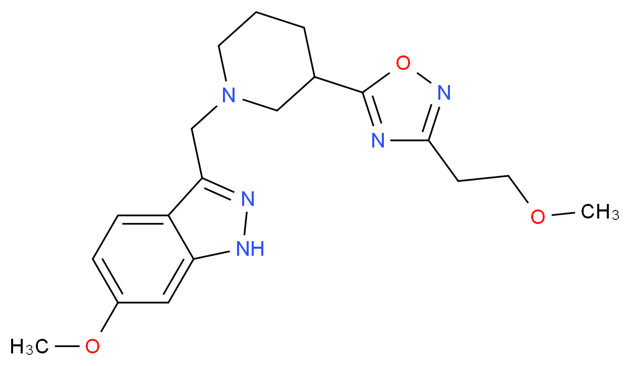 6-methoxy-3-({3-[3-(2-methoxyethyl)-1,2,4-oxadiazol-5-yl]-1-piperidinyl}methyl)-1H-indazole_分子结构_CAS_)