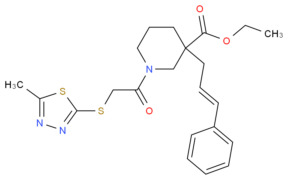 ethyl 1-{[(5-methyl-1,3,4-thiadiazol-2-yl)thio]acetyl}-3-[(2E)-3-phenyl-2-propen-1-yl]-3-piperidinecarboxylate_分子结构_CAS_)