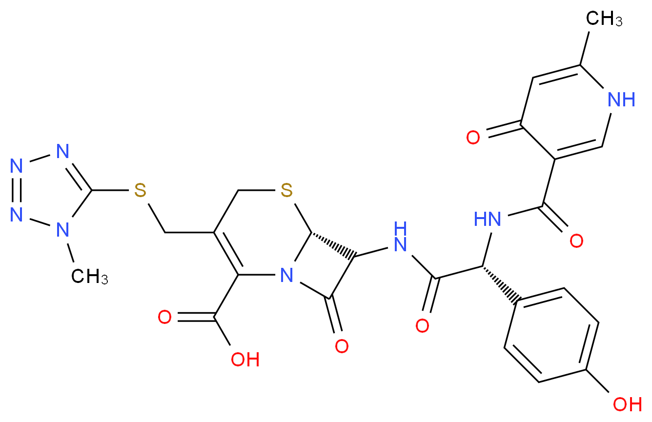 (6R)-7-[(2R)-2-(4-hydroxyphenyl)-2-[(6-methyl-4-oxo-1,4-dihydropyridin-3-yl)formamido]acetamido]-3-{[(1-methyl-1H-1,2,3,4-tetrazol-5-yl)sulfanyl]methyl}-8-oxo-5-thia-1-azabicyclo[4.2.0]oct-2-ene-2-carboxylic acid_分子结构_CAS_70797-11-4