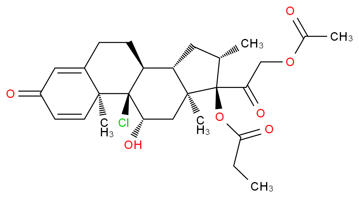 (1R,2S,10S,11S,13S,14R,15S,17S)-14-[2-(acetyloxy)acetyl]-1-chloro-17-hydroxy-2,13,15-trimethyl-5-oxotetracyclo[8.7.0.0<sup>2</sup>,<sup>7</sup>.0<sup>1</sup><sup>1</sup>,<sup>1</sup><sup>5</sup>]heptadeca-3,6-dien-14-yl propanoate_分子结构_CAS_5534-08-7