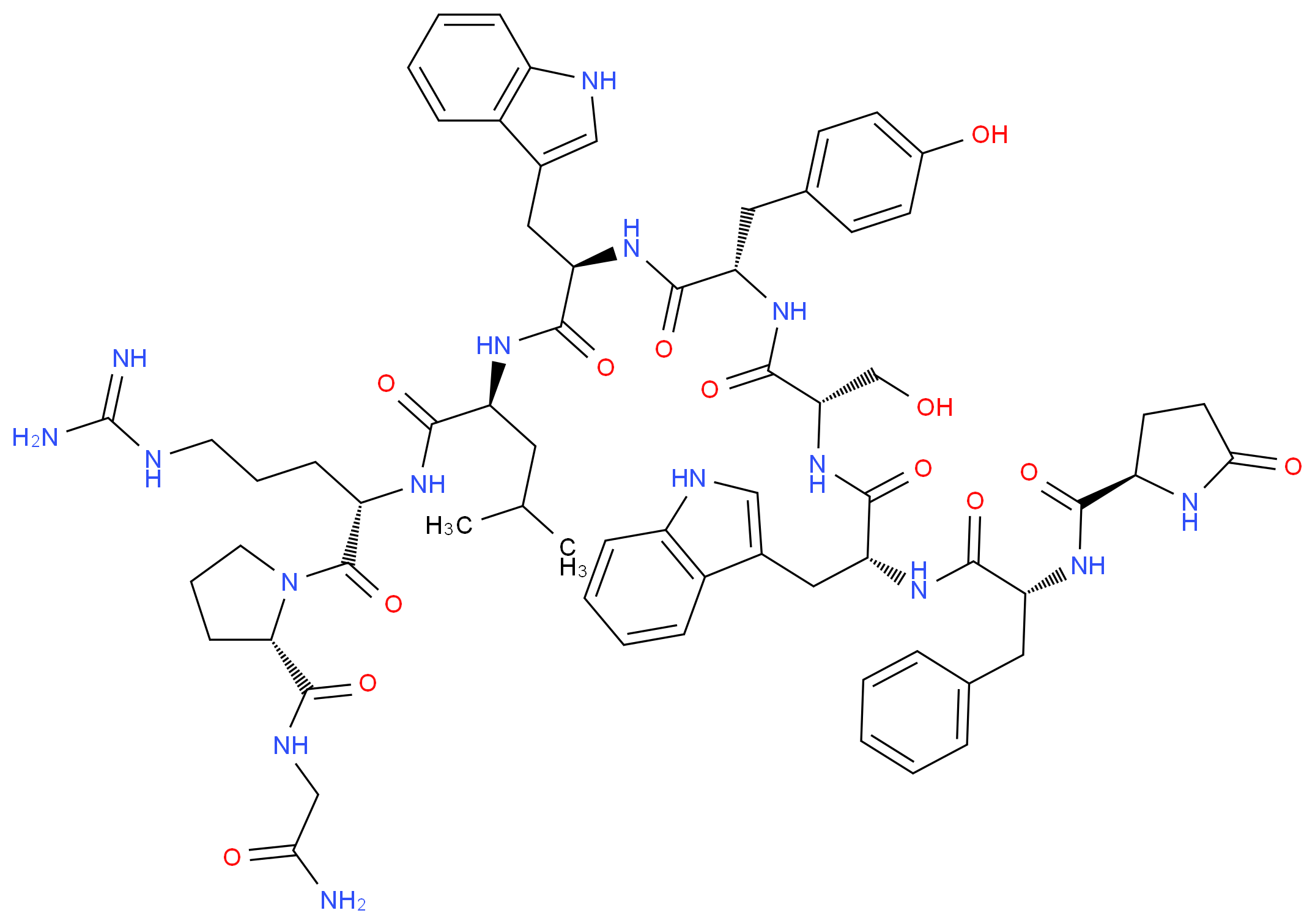 (2S)-N-[(2S)-5-carbamimidamido-1-[(2S)-2-[(carbamoylmethyl)carbamoyl]pyrrolidin-1-yl]-1-oxopentan-2-yl]-2-[(2R)-2-[(2S)-2-[(2S)-3-hydroxy-2-[(2R)-3-(1H-indol-3-yl)-2-[(2R)-2-{[(2R)-5-oxopyrrolidin-2-yl]formamido}-3-phenylpropanamido]propanamido]propanamido]-3-(4-hydroxyphenyl)propanamido]-3-(1H-indol-3-yl)propanamido]-4-methylpentanamide_分子结构_CAS_68059-94-9