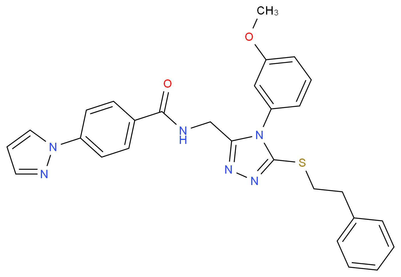 N-({4-(3-methoxyphenyl)-5-[(2-phenylethyl)thio]-4H-1,2,4-triazol-3-yl}methyl)-4-(1H-pyrazol-1-yl)benzamide_分子结构_CAS_)