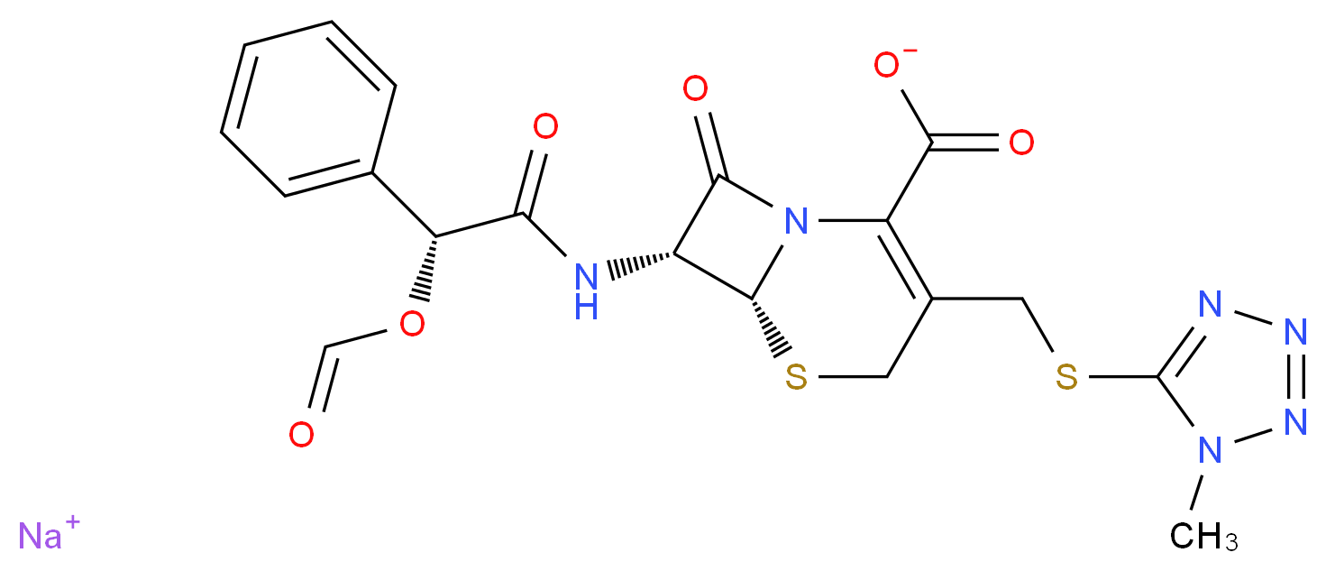 sodium (6R,7R)-7-[(2R)-2-(formyloxy)-2-phenylacetamido]-3-{[(1-methyl-1H-1,2,3,4-tetrazol-5-yl)sulfanyl]methyl}-8-oxo-5-thia-1-azabicyclo[4.2.0]oct-2-ene-2-carboxylate_分子结构_CAS_42540-40-9