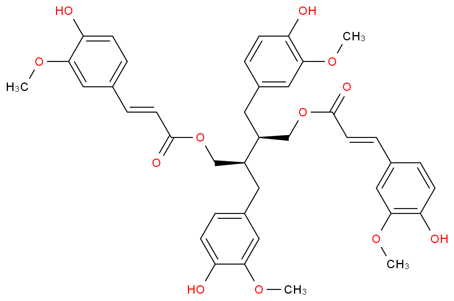 (2R,3R)-2,3-bis[(4-hydroxy-3-methoxyphenyl)methyl]-4-{[(2E)-3-(4-hydroxy-3-methoxyphenyl)prop-2-enoyl]oxy}butyl (2E)-3-(4-hydroxy-3-methoxyphenyl)prop-2-enoate_分子结构_CAS_56973-66-1