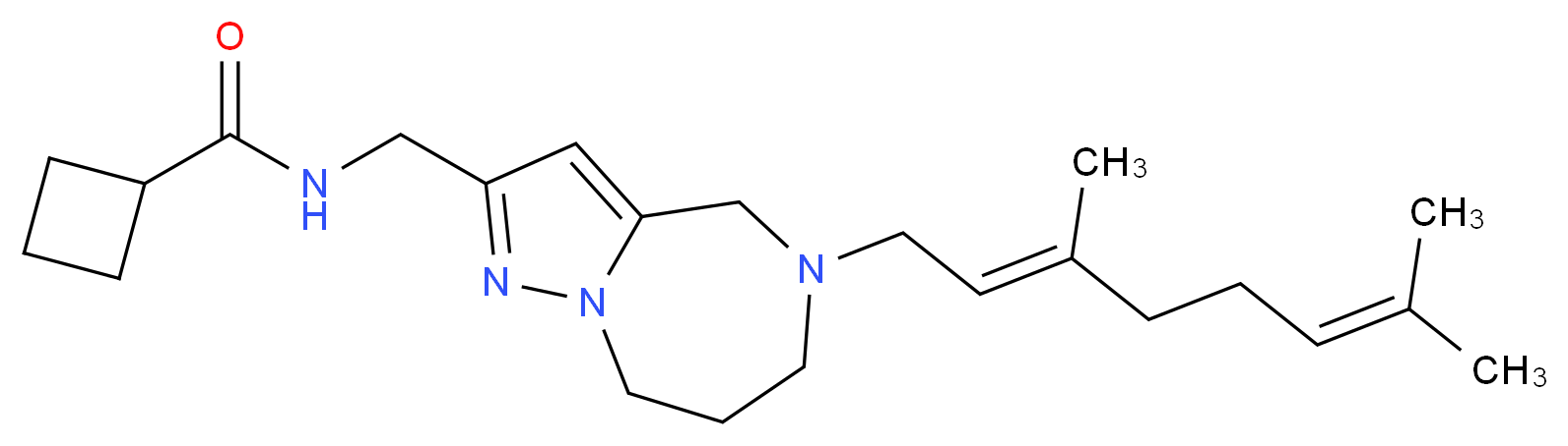 N-({5-[(2E)-3,7-dimethylocta-2,6-dien-1-yl]-5,6,7,8-tetrahydro-4H-pyrazolo[1,5-a][1,4]diazepin-2-yl}methyl)cyclobutanecarboxamide_分子结构_CAS_)