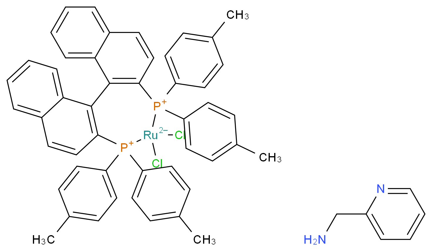 13,13-dichloro-12,12,14,14-tetrakis(4-methylphenyl)-12λ<sup>5</sup>,14λ<sup>5</sup>-diphospha-13-ruthenapentacyclo[13.8.0.0<sup>2</sup>,<sup>1</sup><sup>1</sup>.0<sup>3</sup>,<sup>8</sup>.0<sup>1</sup><sup>8</sup>,<sup>2</sup><sup>3</sup>]tricosa-1(15),2(11),3,5,7,9,16,18,20,22-decaene-12,14-bis(ylium)-13,13-diuide; pyridin-2-ylmethanamine_分子结构_CAS_857678-55-8