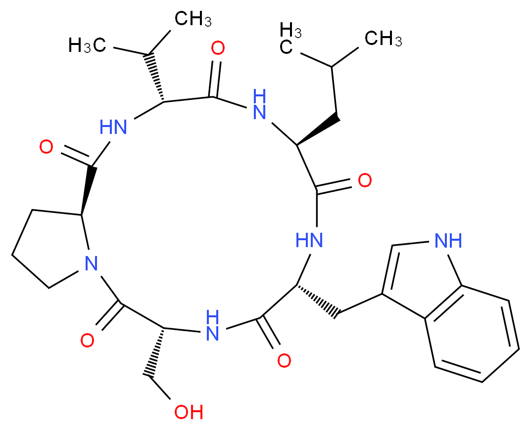 (3R,6S,9R,12R,17aS)-12-(hydroxymethyl)-9-(1H-indol-3-ylmethyl)-6-(2-methylpropyl)-3-(propan-2-yl)-hexadecahydro-1H-pyrrolo[1,2-a]1,4,7,10,13-pentaazacyclopentadecane-1,4,7,10,13-pentone_分子结构_CAS_153982-38-8