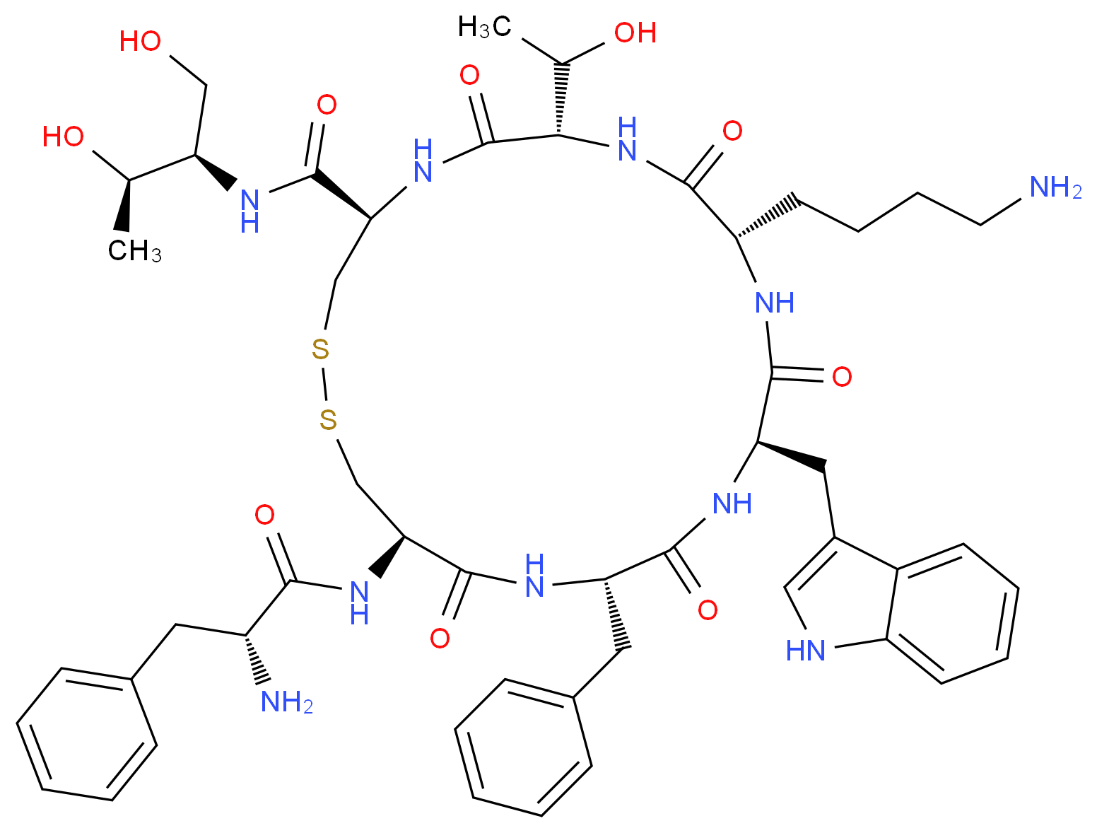 (4R,7S,10S,13R,16S,19R)-19-[(2R)-2-amino-3-phenylpropanamido]-10-(4-aminobutyl)-16-benzyl-N-[(2R,3R)-1,3-dihydroxybutan-2-yl]-7-(1-hydroxyethyl)-13-(1H-indol-3-ylmethyl)-6,9,12,15,18-pentaoxo-1,2-dithia-5,8,11,14,17-pentaazacycloicosane-4-carboxamide_分子结构_CAS_83150-76-9