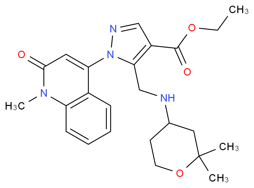 ethyl 5-{[(2,2-dimethyltetrahydro-2H-pyran-4-yl)amino]methyl}-1-(1-methyl-2-oxo-1,2-dihydro-4-quinolinyl)-1H-pyrazole-4-carboxylate_分子结构_CAS_)