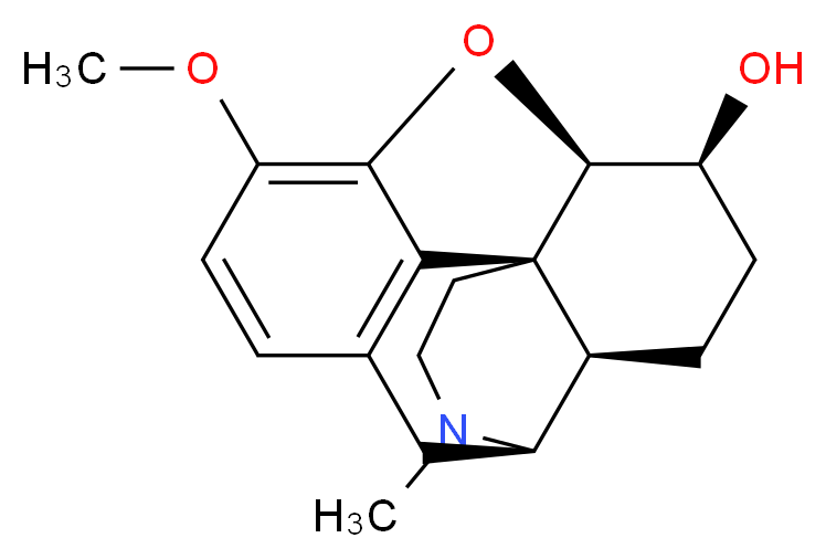 (1S,5R,13R,14S,17R)-10-methoxy-4-methyl-12-oxa-4-azapentacyclo[9.6.1.0<sup>1</sup>,<sup>1</sup><sup>3</sup>.0<sup>5</sup>,<sup>1</sup><sup>7</sup>.0<sup>7</sup>,<sup>1</sup><sup>8</sup>]octadeca-7,9,11(18)-trien-14-ol_分子结构_CAS_125-28-0