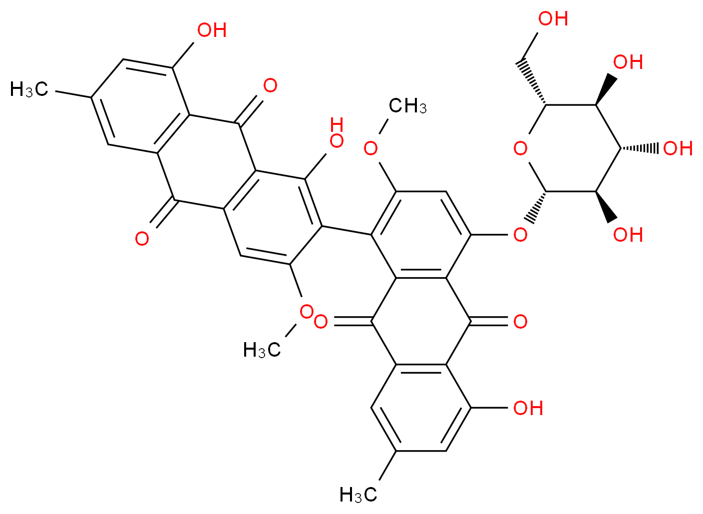 1-(1,8-dihydroxy-3-methoxy-6-methyl-9,10-dioxo-9,10-dihydroanthracen-2-yl)-5-hydroxy-2-methoxy-7-methyl-4-{[(2S,3R,4S,5S,6R)-3,4,5-trihydroxy-6-(hydroxymethyl)oxan-2-yl]oxy}-9,10-dihydroanthracene-9,10-dione_分子结构_CAS_165689-32-7