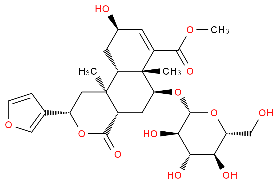 methyl (2S,4aS,6S,6aR,9R,10aS,10bS)-2-(furan-3-yl)-9-hydroxy-6a,10b-dimethyl-4-oxo-6-{[(2R,3R,4S,5S,6R)-3,4,5-trihydroxy-6-(hydroxymethyl)oxan-2-yl]oxy}-1H,2H,4H,4aH,5H,6H,6aH,9H,10H,10aH,10bH-naphtho[2,1-c]pyran-7-carboxylate_分子结构_CAS_104901-05-5