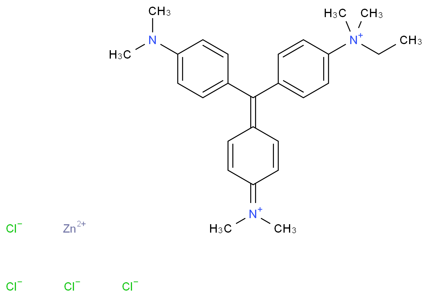 zinc(2+) ion 4-{[4-(dimethylamino)phenyl][4-(dimethyliminiumyl)cyclohexa-2,5-dien-1-ylidene]methyl}-N-ethyl-N,N-dimethylanilinium tetrachloride_分子结构_CAS_7114-03-6