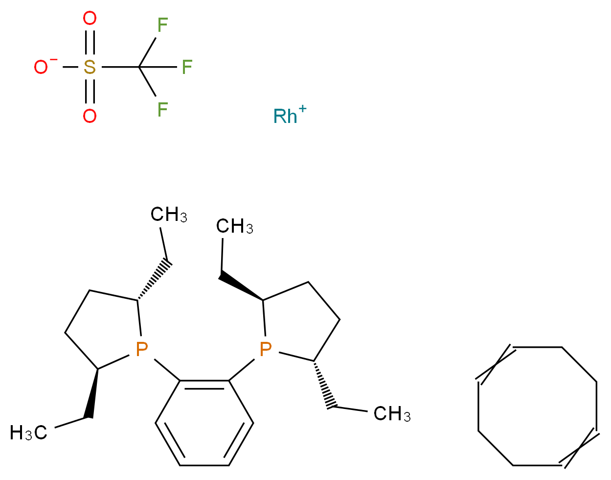 (+)-1,2-双((2S,5S)-2,5-二乙基膦)苯(环辛二烯)三氟甲磺酸铑(I)_分子结构_CAS_142184-30-3)