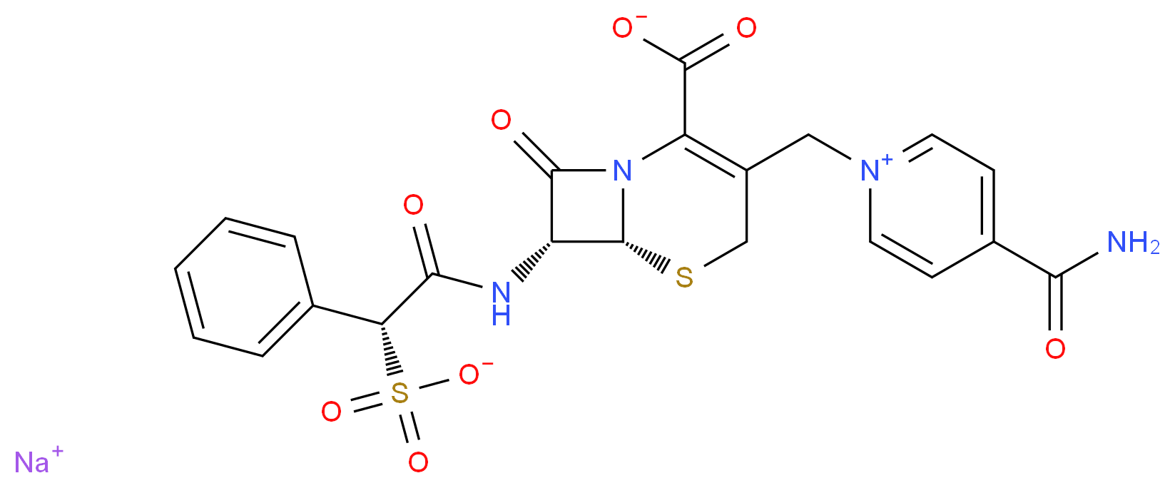 sodium 4-carbamoyl-1-{[(6R,7R)-2-carboxylato-8-oxo-7-[(2R)-2-phenyl-2-sulfonatoacetamido]-5-thia-1-azabicyclo[4.2.0]oct-2-en-3-yl]methyl}pyridin-1-ium_分子结构_CAS_52152-93-9