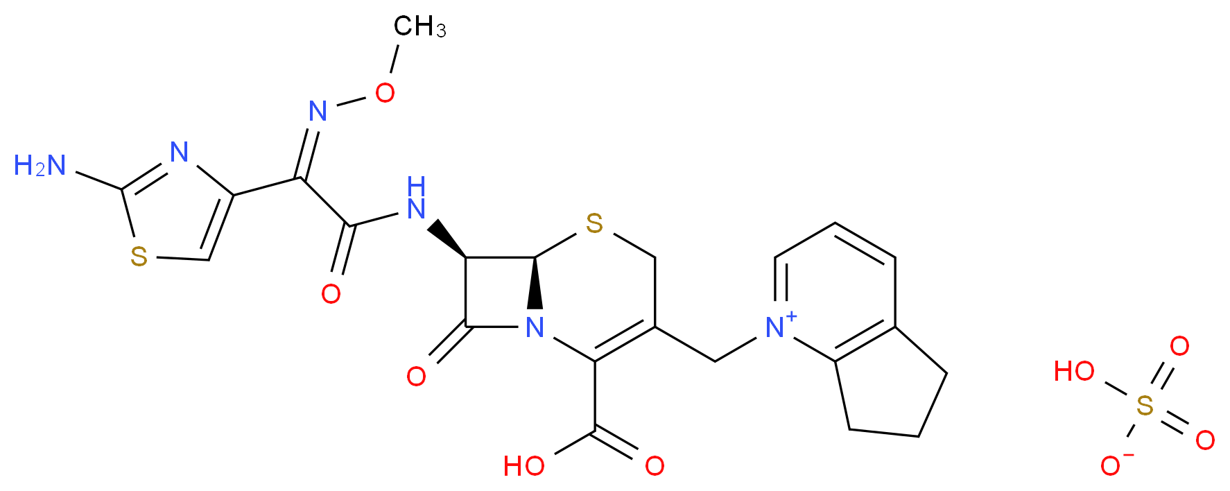 1-{[(6R,7R)-7-[(2Z)-2-(2-amino-1,3-thiazol-4-yl)-2-(methoxyimino)acetamido]-2-carboxy-8-oxo-5-thia-1-azabicyclo[4.2.0]oct-2-en-3-yl]methyl}-5H,6H,7H-cyclopenta[b]pyridin-1-ium hydrogen sulfate_分子结构_CAS_98753-19-6