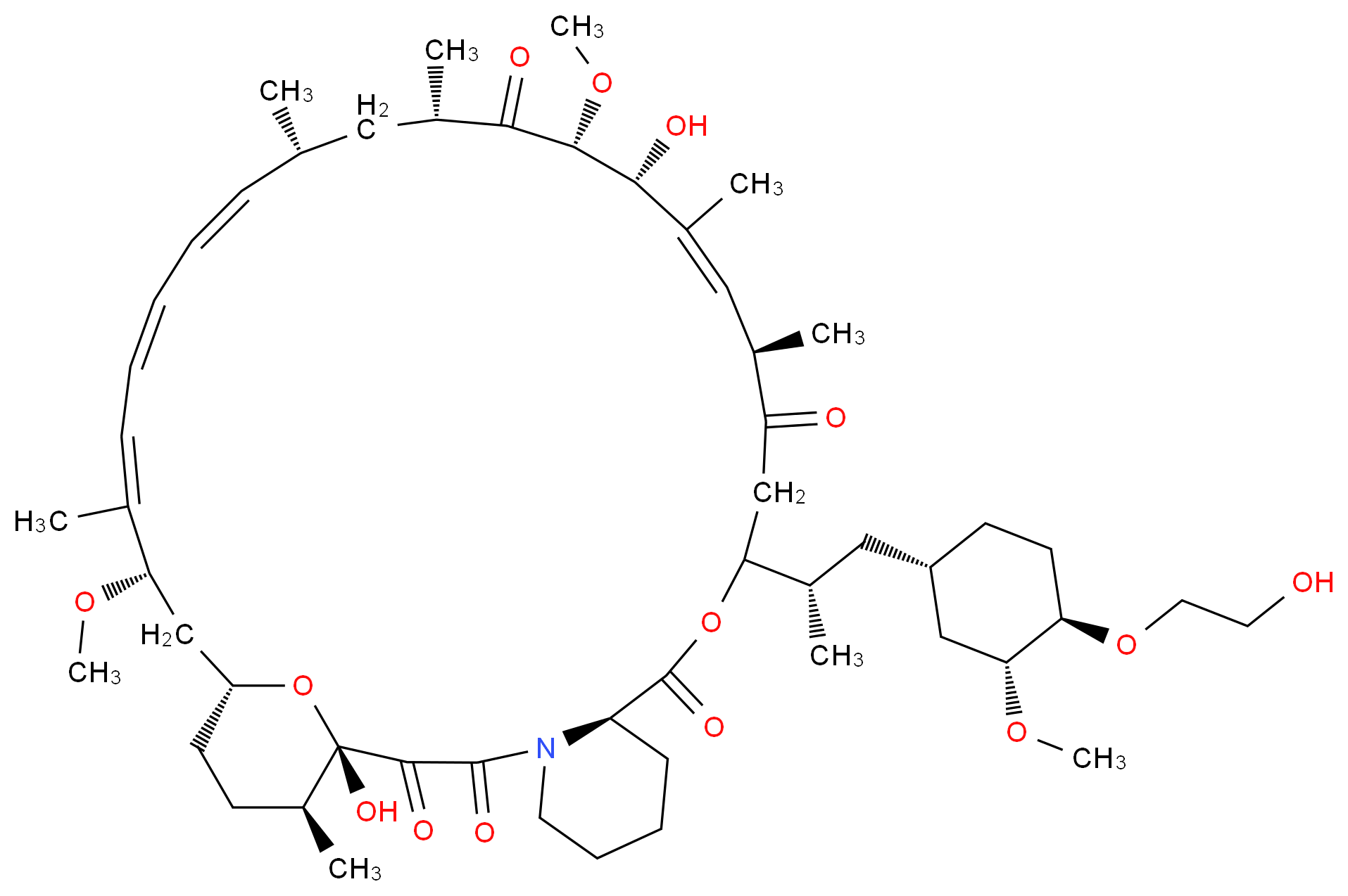 (1S,9R,15R,16E,18R,19R,21S,23R,24E,26E,28E,30S,32R,35S)-1,18-dihydroxy-12-[(2S)-1-[(1S,3R,4R)-4-(2-hydroxyethoxy)-3-methoxycyclohexyl]propan-2-yl]-19,30-dimethoxy-15,17,21,23,29,35-hexamethyl-11,36-dioxa-4-azatricyclo[30.3.1.0^{4,9}]hexatriaconta-16,24,26,28-tetraene-2,3,10,14,20-pentone_分子结构_CAS_159351-69-6