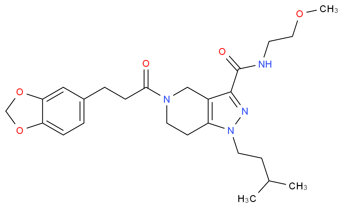 5-[3-(1,3-benzodioxol-5-yl)propanoyl]-N-(2-methoxyethyl)-1-(3-methylbutyl)-4,5,6,7-tetrahydro-1H-pyrazolo[4,3-c]pyridine-3-carboxamide_分子结构_CAS_)