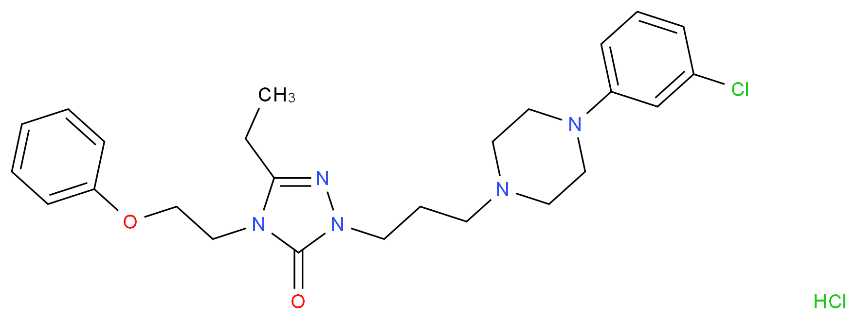 1-(3-(4-(3-Chlorophenyl)piperazin-1-yl)propyl)-3-ethyl-4-(2-phenoxyethyl)-1H-1,2,4-triazol-5(4H)-one hydrochloride_分子结构_CAS_82752-99-6)