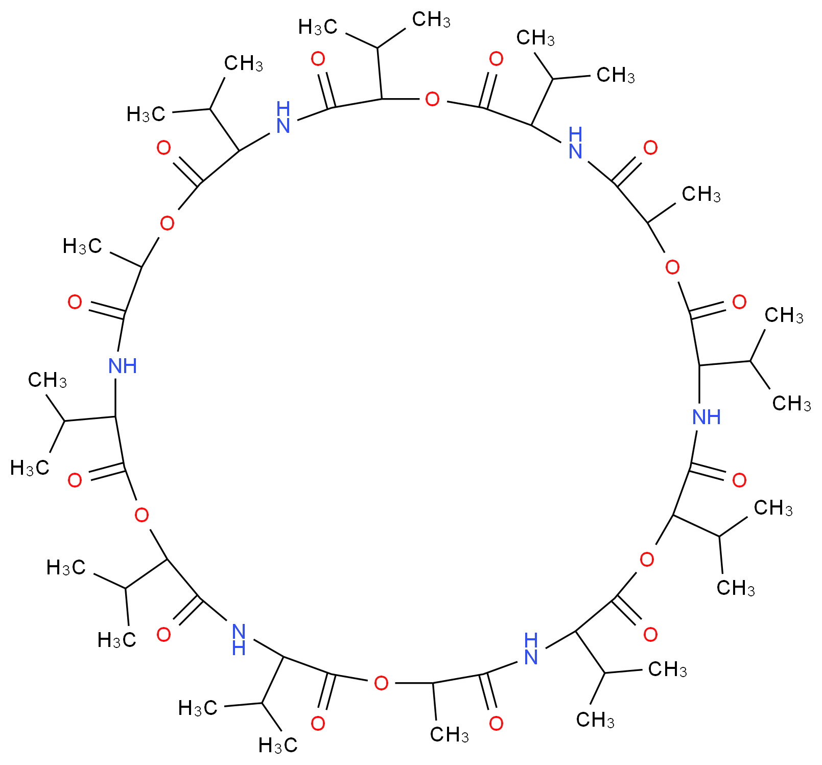 6,18,30-trimethyl-3,9,12,15,21,24,27,33,36-nonakis(propan-2-yl)-1,7,13,19,25,31-hexaoxa-4,10,16,22,28,34-hexaazacyclohexatriacontane-2,5,8,11,14,17,20,23,26,29,32,35-dodecone_分子结构_CAS_2001-95-8