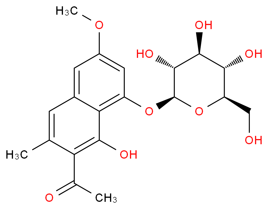 1-(1-hydroxy-6-methoxy-3-methyl-8-{[(2S,3R,4S,5S,6R)-3,4,5-trihydroxy-6-(hydroxymethyl)oxan-2-yl]oxy}naphthalen-2-yl)ethan-1-one_分子结构_CAS_64032-49-1