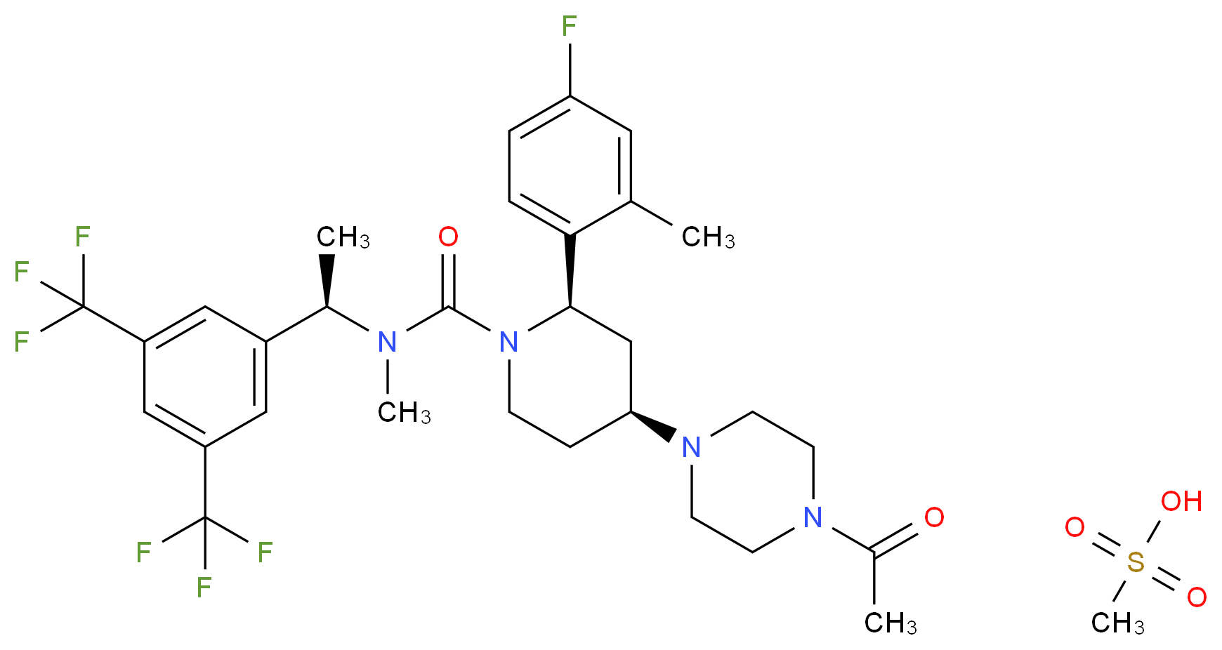 (2R,4S)-4-(4-acetylpiperazin-1-yl)-N-[(1R)-1-[3,5-bis(trifluoromethyl)phenyl]ethyl]-2-(4-fluoro-2-methylphenyl)-N-methylpiperidine-1-carboxamide; methanesulfonic acid_分子结构_CAS_414910-30-8