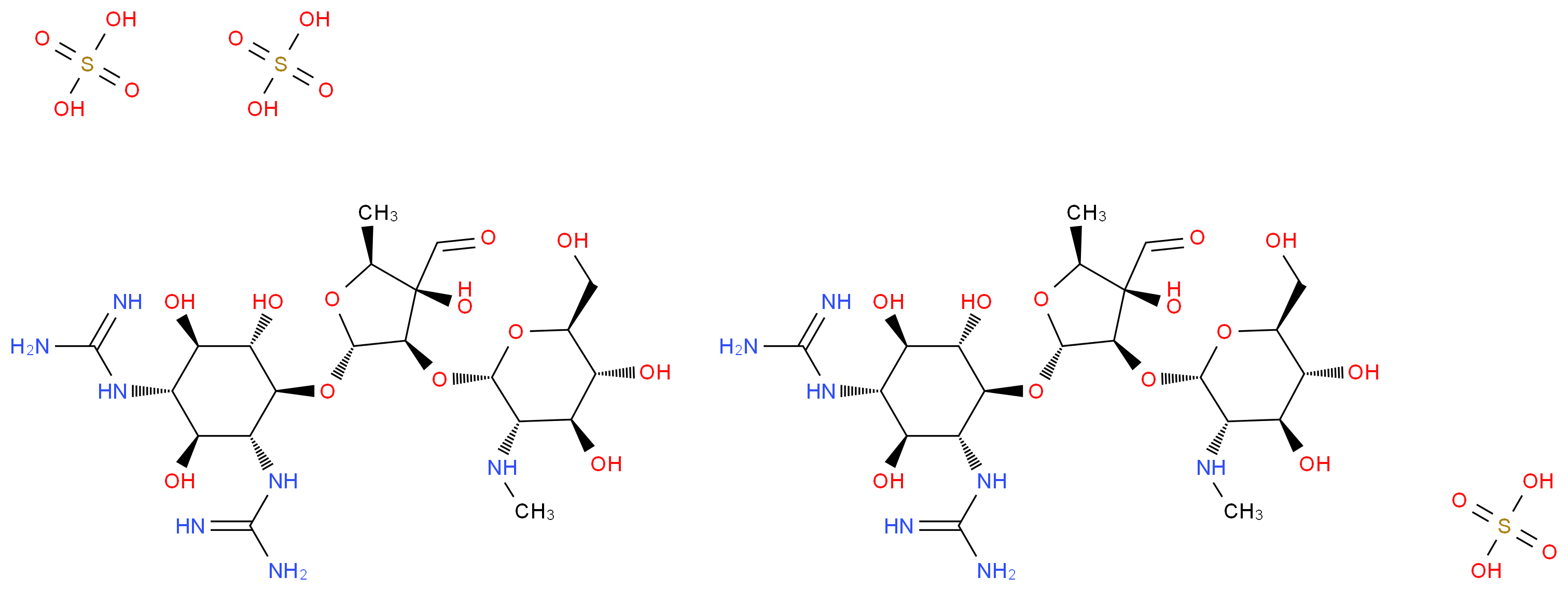 bis(1-[(1R,2S,3S,4R,5S,6S)-3-carbamimidamido-6-{[(2R,3R,4R,5S)-3-{[(2S,3S,4S,5R,6S)-4,5-dihydroxy-6-(hydroxymethyl)-3-(methylamino)oxan-2-yl]oxy}-4-formyl-4-hydroxy-5-methyloxolan-2-yl]oxy}-2,4,5-trihydroxycyclohexyl]guanidine); tris(sulfuric acid)_分子结构_CAS_3810-74-0