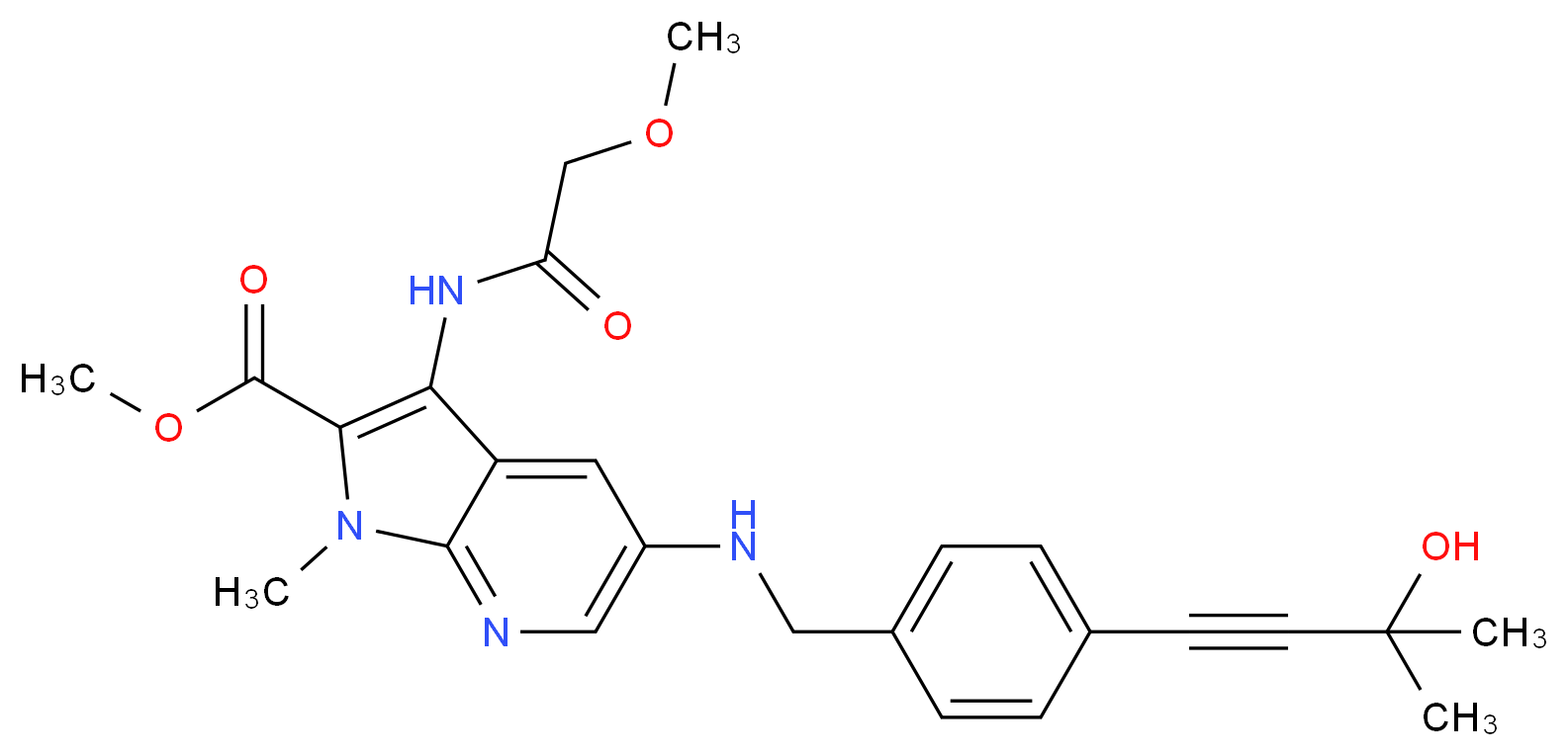 methyl 5-{[4-(3-hydroxy-3-methyl-1-butyn-1-yl)benzyl]amino}-3-[(methoxyacetyl)amino]-1-methyl-1H-pyrrolo[2,3-b]pyridine-2-carboxylate_分子结构_CAS_)