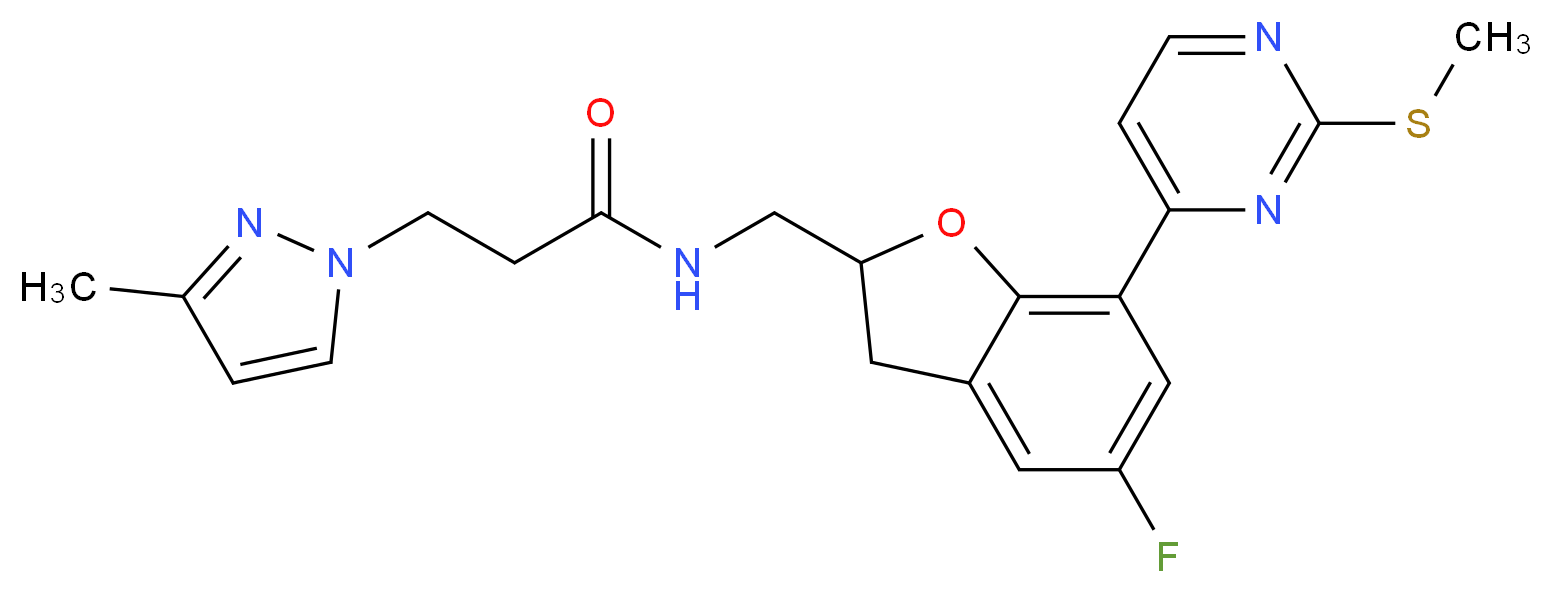 N-({5-fluoro-7-[2-(methylthio)-4-pyrimidinyl]-2,3-dihydro-1-benzofuran-2-yl}methyl)-3-(3-methyl-1H-pyrazol-1-yl)propanamide_分子结构_CAS_)