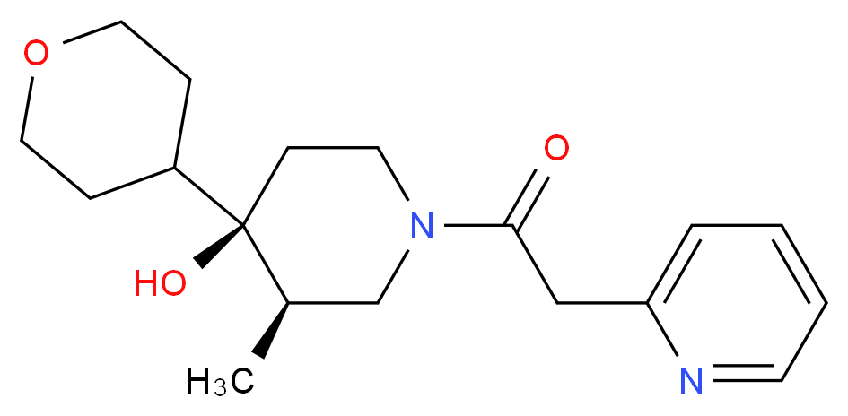 (3R*,4R*)-3-methyl-1-(pyridin-2-ylacetyl)-4-(tetrahydro-2H-pyran-4-yl)piperidin-4-ol_分子结构_CAS_)