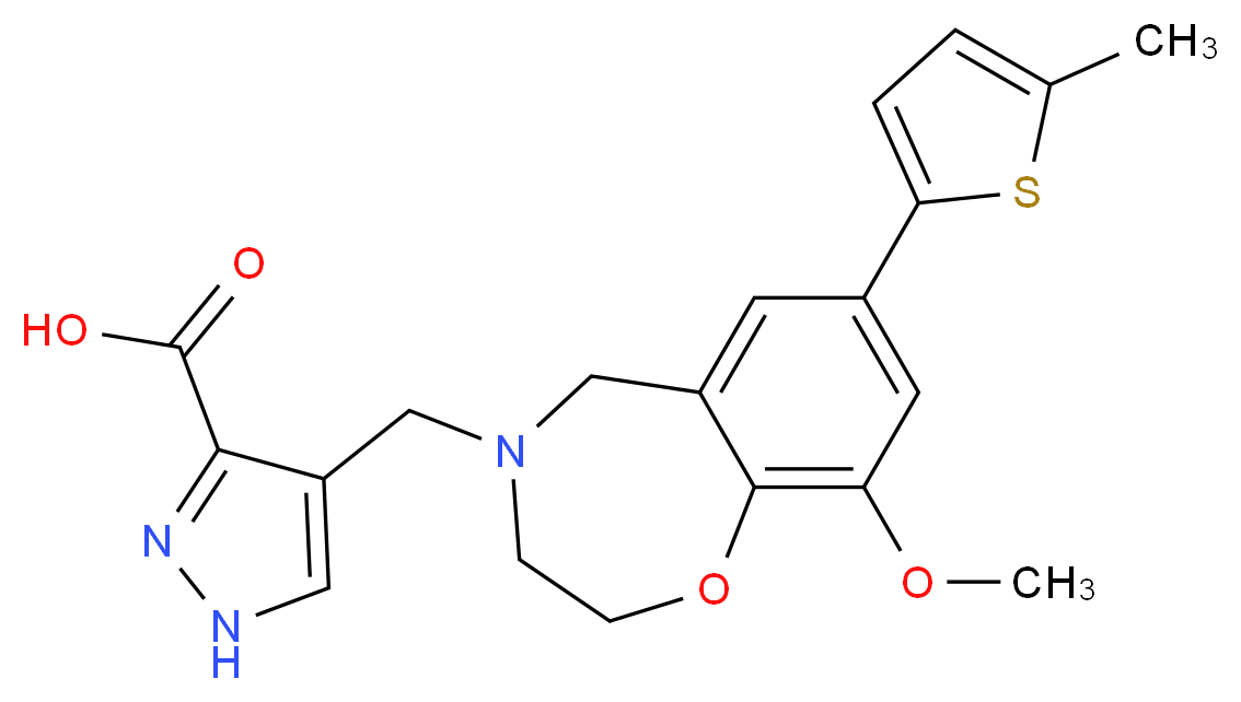 4-{[9-methoxy-7-(5-methyl-2-thienyl)-2,3-dihydro-1,4-benzoxazepin-4(5H)-yl]methyl}-1H-pyrazole-3-carboxylic acid_分子结构_CAS_)