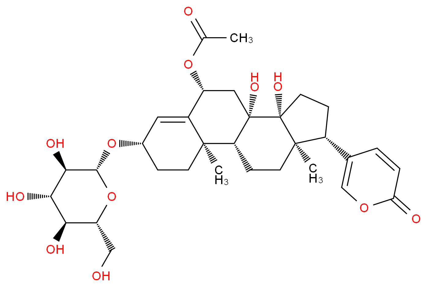 (1R,2R,5S,8R,10S,11R,14S,15R)-10,11-dihydroxy-2,15-dimethyl-14-(2-oxo-2H-pyran-5-yl)-5-{[(2R,3R,4S,5S,6R)-3,4,5-trihydroxy-6-(hydroxymethyl)oxan-2-yl]oxy}tetracyclo[8.7.0.0<sup>2</sup>,<sup>7</sup>.0<sup>1</sup><sup>1</sup>,<sup>1</sup><sup>5</sup>]heptadec-6-en-8-yl acetate_分子结构_CAS_507-60-8