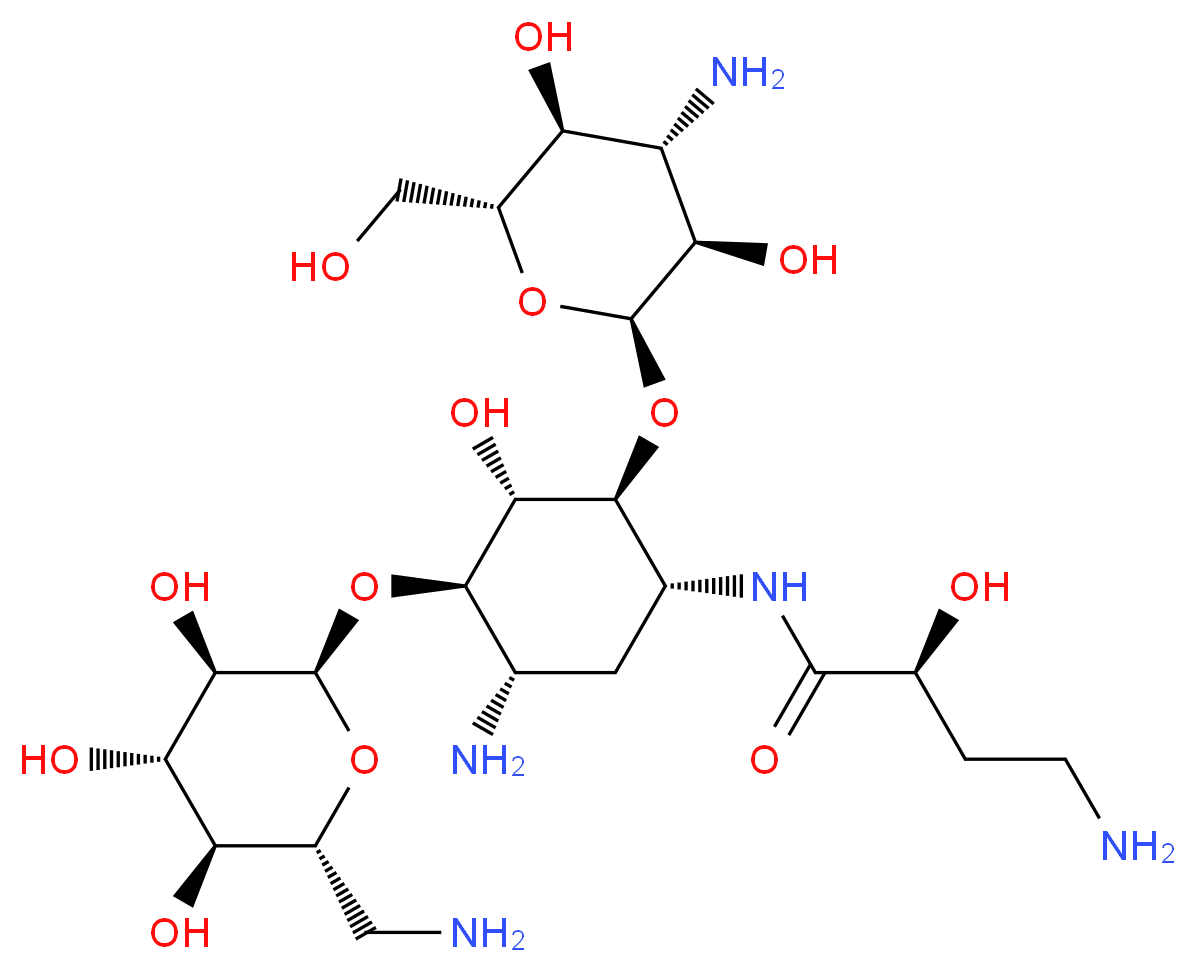 (2S)-4-amino-N-[(1R,2S,3S,4R,5S)-5-amino-2-{[(2S,3R,4S,5S,6R)-4-amino-3,5-dihydroxy-6-(hydroxymethyl)oxan-2-yl]oxy}-4-{[(2R,3R,4S,5S,6R)-6-(aminomethyl)-3,4,5-trihydroxyoxan-2-yl]oxy}-3-hydroxycyclohexyl]-2-hydroxybutanamide_分子结构_CAS_37517-28-5