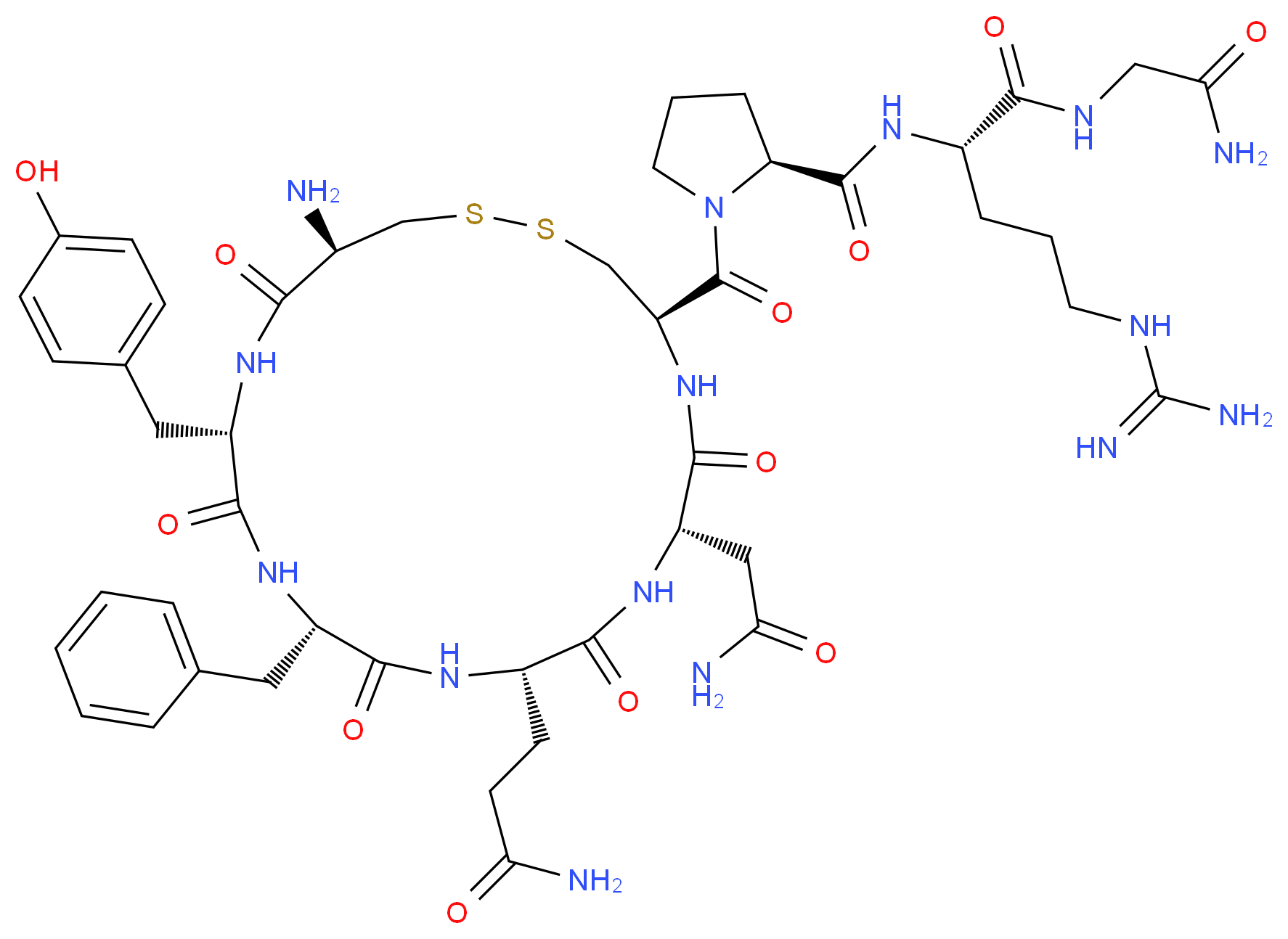 (2S)-2-{[(2S)-1-[(4R,7S,10S,13S,16S,19R)-19-amino-13-benzyl-10-(2-carbamoylethyl)-7-(carbamoylmethyl)-16-[(4-hydroxyphenyl)methyl]-6,9,12,15,18-pentaoxo-1,2-dithia-5,8,11,14,17-pentaazacycloicosane-4-carbonyl]pyrrolidin-2-yl]formamido}-5-carbamimidamido-N-(carbamoylmethyl)pentanamide_分子结构_CAS_113-79-1