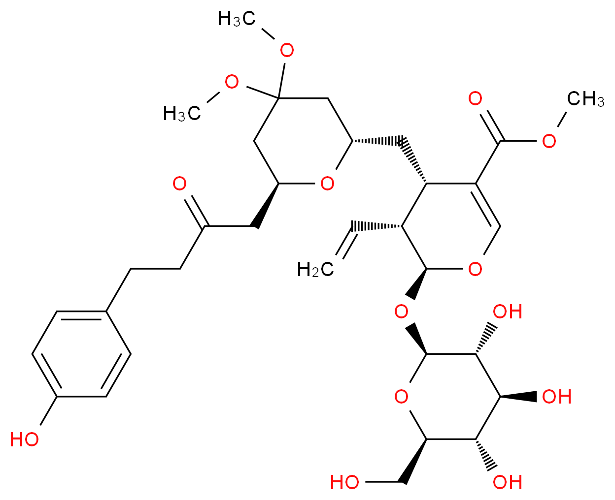 methyl (2S,3R,4S)-3-ethenyl-4-{[(2S,6S)-6-[4-(4-hydroxyphenyl)-2-oxobutyl]-4,4-dimethoxyoxan-2-yl]methyl}-2-{[(2S,3R,4S,5S,6R)-3,4,5-trihydroxy-6-(hydroxymethyl)oxan-2-yl]oxy}-3,4-dihydro-2H-pyran-5-carboxylate_分子结构_CAS_952485-00-6