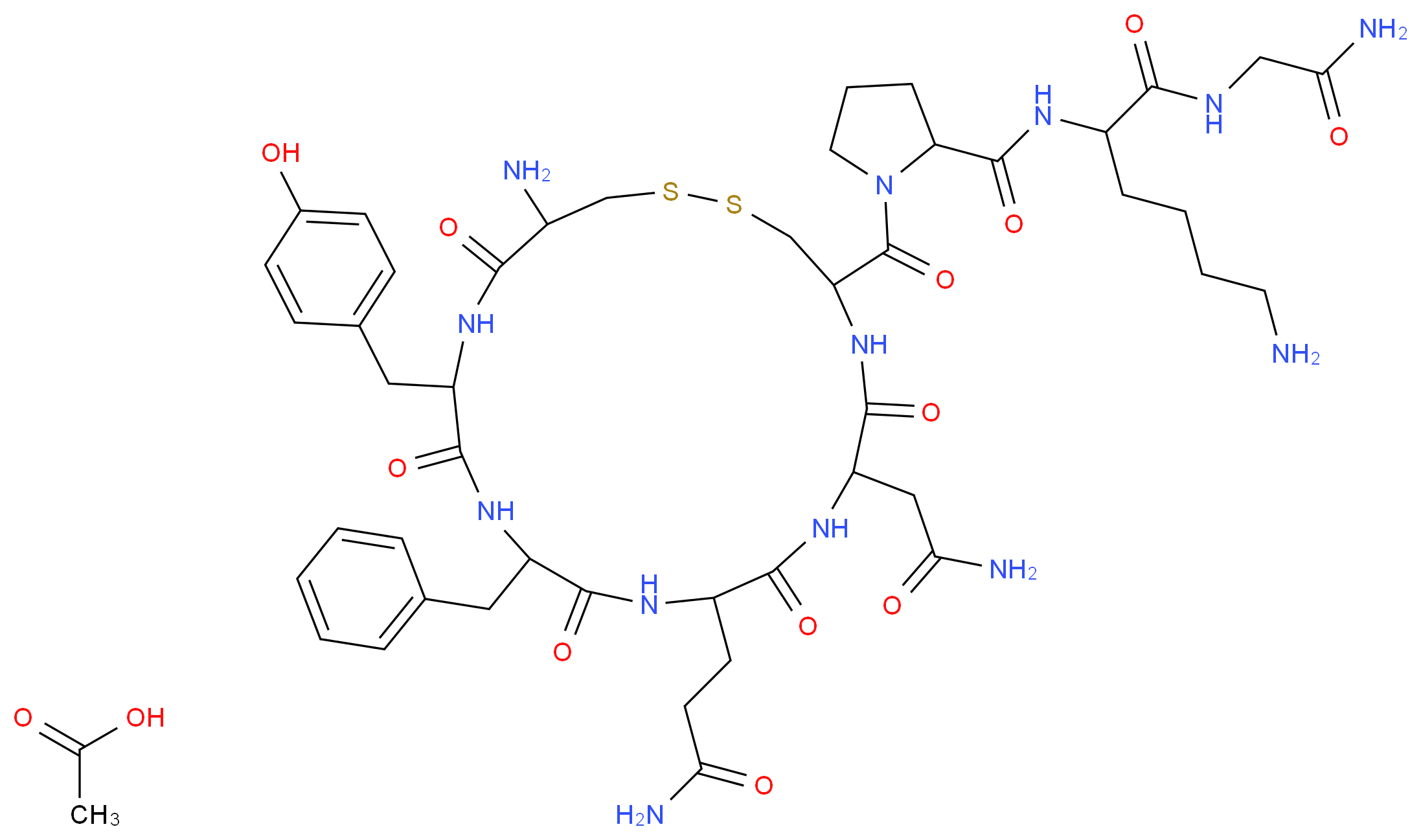 6-amino-2-({1-[19-amino-13-benzyl-10-(2-carbamoylethyl)-7-(carbamoylmethyl)-16-[(4-hydroxyphenyl)methyl]-6,9,12,15,18-pentaoxo-1,2-dithia-5,8,11,14,17-pentaazacycloicosane-4-carbonyl]pyrrolidin-2-yl}formamido)-N-(carbamoylmethyl)hexanamide; acetic acid_分子结构_CAS_50-57-7