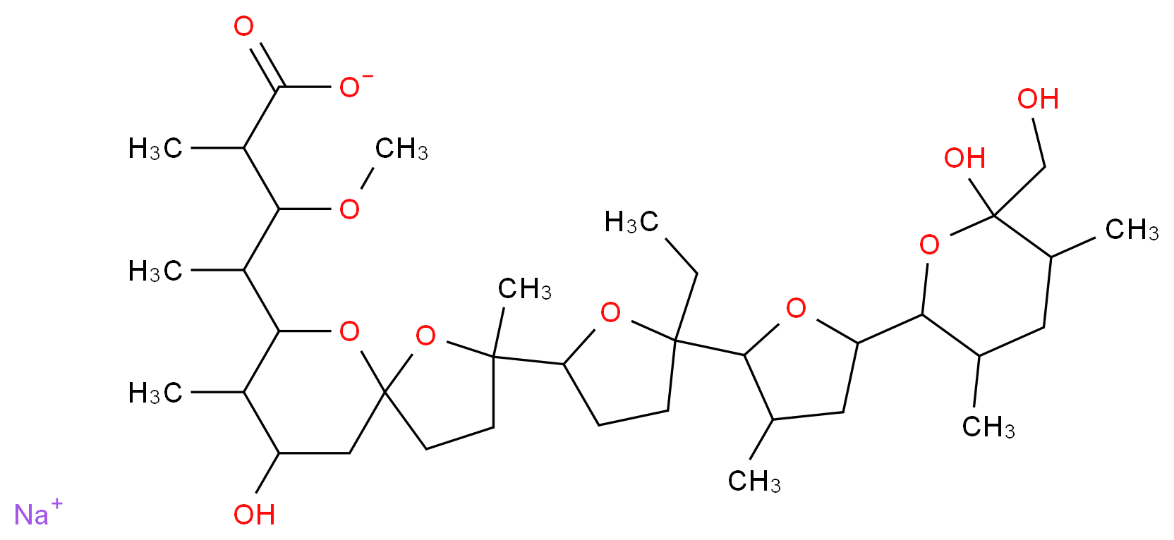 sodium 4-[2-(5-ethyl-5-{5-[6-hydroxy-6-(hydroxymethyl)-3,5-dimethyloxan-2-yl]-3-methyloxolan-2-yl}oxolan-2-yl)-9-hydroxy-2,8-dimethyl-1,6-dioxaspiro[4.5]decan-7-yl]-3-methoxy-2-methylpentanoate_分子结构_CAS_22373-78-0