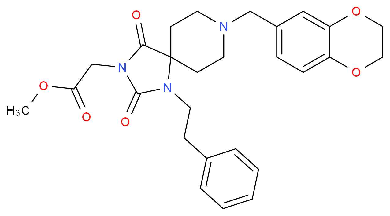 methyl [8-(2,3-dihydro-1,4-benzodioxin-6-ylmethyl)-2,4-dioxo-1-(2-phenylethyl)-1,3,8-triazaspiro[4.5]dec-3-yl]acetate_分子结构_CAS_)