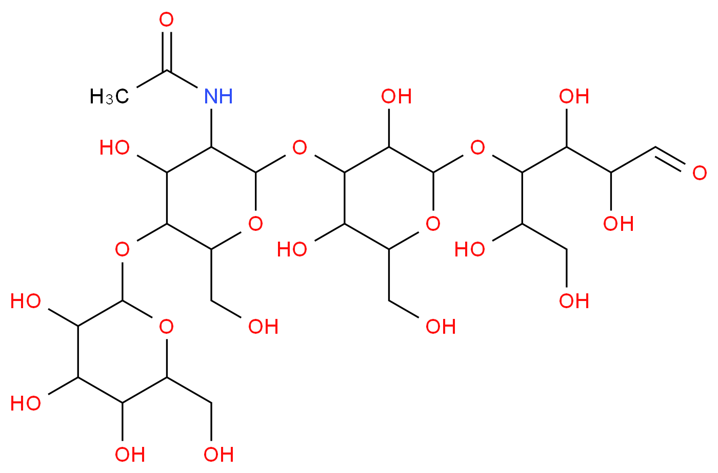 N-(2-{[3,5-dihydroxy-2-(hydroxymethyl)-6-[(1,2,4,5-tetrahydroxy-6-oxohexan-3-yl)oxy]oxan-4-yl]oxy}-4-hydroxy-6-(hydroxymethyl)-5-{[3,4,5-trihydroxy-6-(hydroxymethyl)oxan-2-yl]oxy}oxan-3-yl)acetamide_分子结构_CAS_13007-32-4