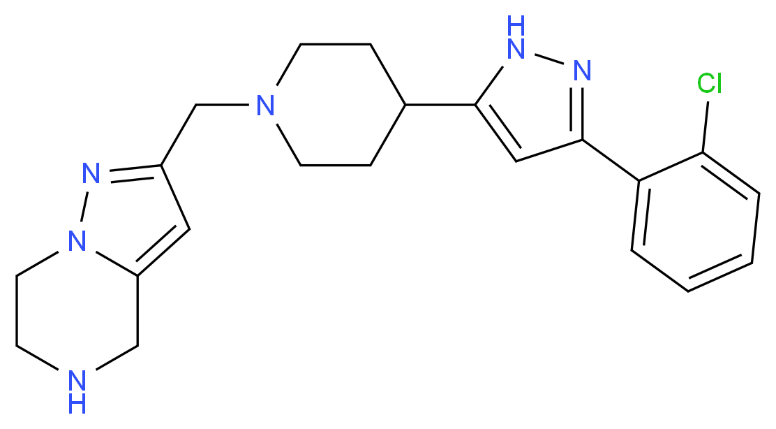 2-({4-[3-(2-chlorophenyl)-1H-pyrazol-5-yl]-1-piperidinyl}methyl)-4,5,6,7-tetrahydropyrazolo[1,5-a]pyrazine_分子结构_CAS_)