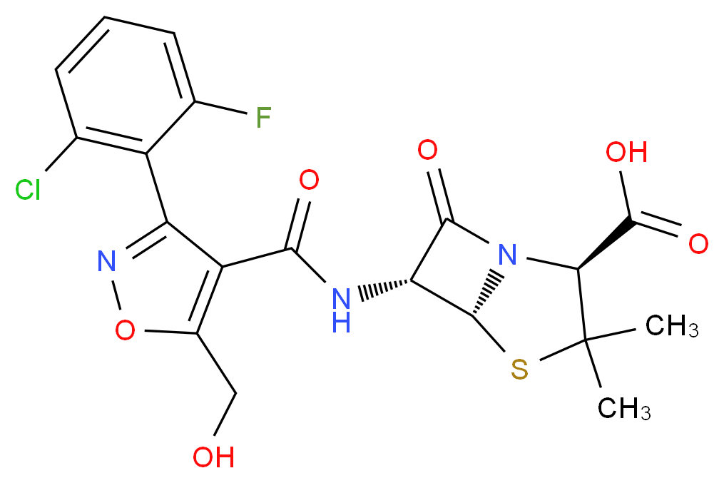(2S,5R,6R)-6-[3-(2-chloro-6-fluorophenyl)-5-(hydroxymethyl)-1,2-oxazole-4-amido]-3,3-dimethyl-7-oxo-4-thia-1-azabicyclo[3.2.0]heptane-2-carboxylic acid_分子结构_CAS_75524-31-1