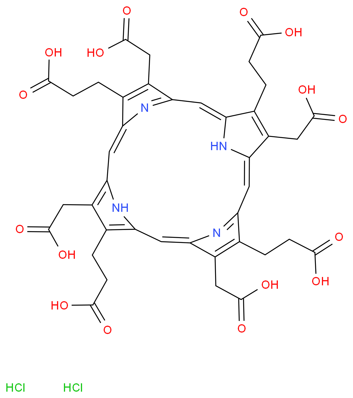 3-[9,14,19-tris(2-carboxyethyl)-5,10,15,20-tetrakis(carboxymethyl)-21,22,23,24-tetraazapentacyclo[16.2.1.1^{3,6}.1^{8,11}.1^{13,16}]tetracosa-1(21),2,4,6,8(23),9,11,13,15,17,19-undecaen-4-yl]propanoic acid dihydrochloride_分子结构_CAS_68929-06-6