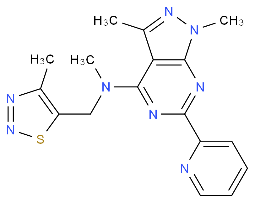 N,1,3-trimethyl-N-[(4-methyl-1,2,3-thiadiazol-5-yl)methyl]-6-(2-pyridinyl)-1H-pyrazolo[3,4-d]pyrimidin-4-amine_分子结构_CAS_)