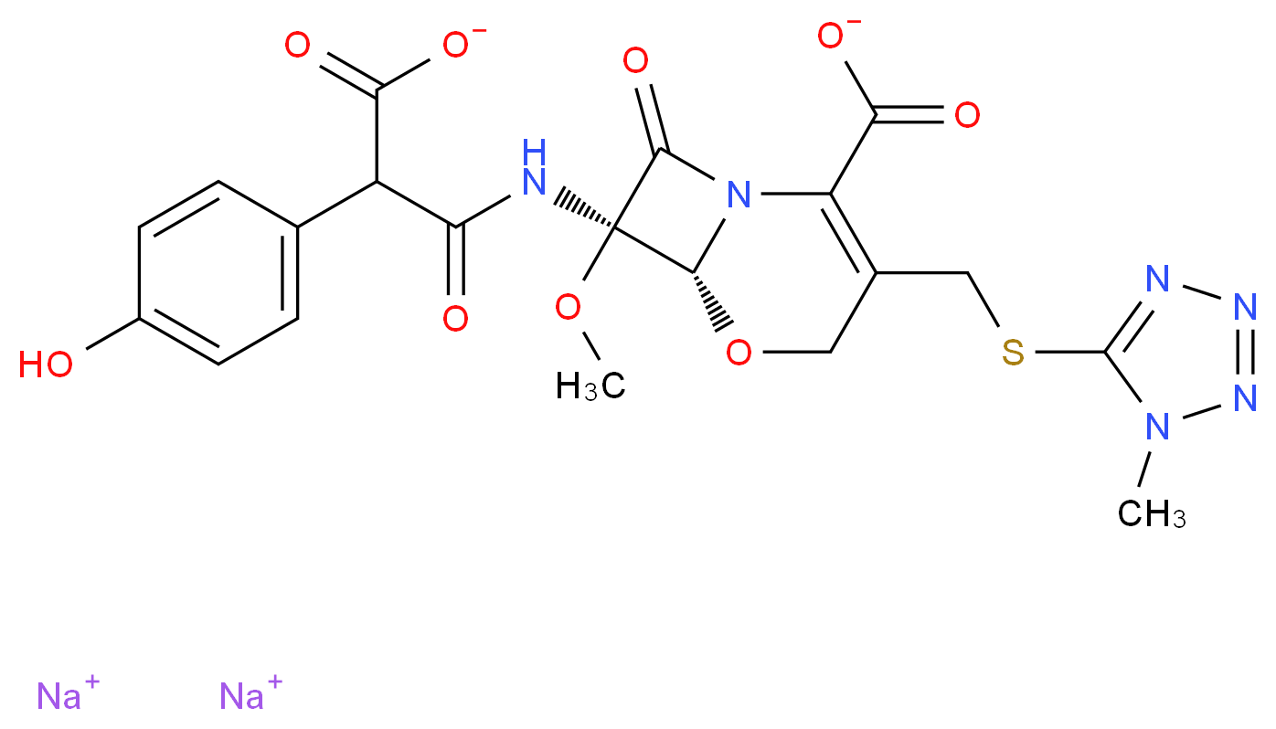 disodium (6R,7R)-7-[2-carboxylato-2-(4-hydroxyphenyl)acetamido]-7-methoxy-3-{[(1-methyl-1H-1,2,3,4-tetrazol-5-yl)sulfanyl]methyl}-8-oxo-5-oxa-1-azabicyclo[4.2.0]oct-2-ene-2-carboxylate_分子结构_CAS_64953-12-4