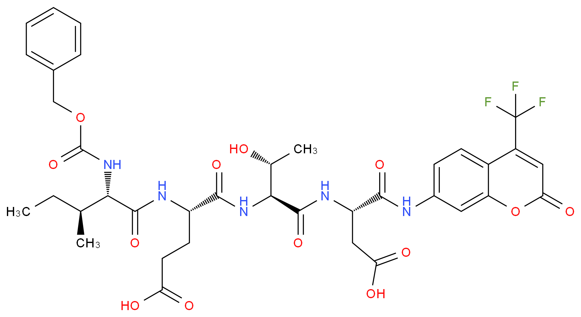 (4S)-4-[(2S,3S)-2-{[(benzyloxy)carbonyl]amino}-3-methylpentanamido]-4-{[(1S,2R)-1-{[(1S)-2-carboxy-1-{[2-oxo-4-(trifluoromethyl)-2H-chromen-7-yl]carbamoyl}ethyl]carbamoyl}-2-hydroxypropyl]carbamoyl}butanoic acid_分子结构_CAS_219138-02-0