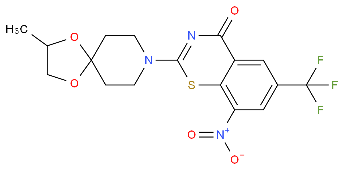 2-{2-methyl-1,4-dioxa-8-azaspiro[4.5]decan-8-yl}-8-nitro-6-(trifluoromethyl)-4H-1,3-benzothiazin-4-one_分子结构_CAS_1161233-85-7