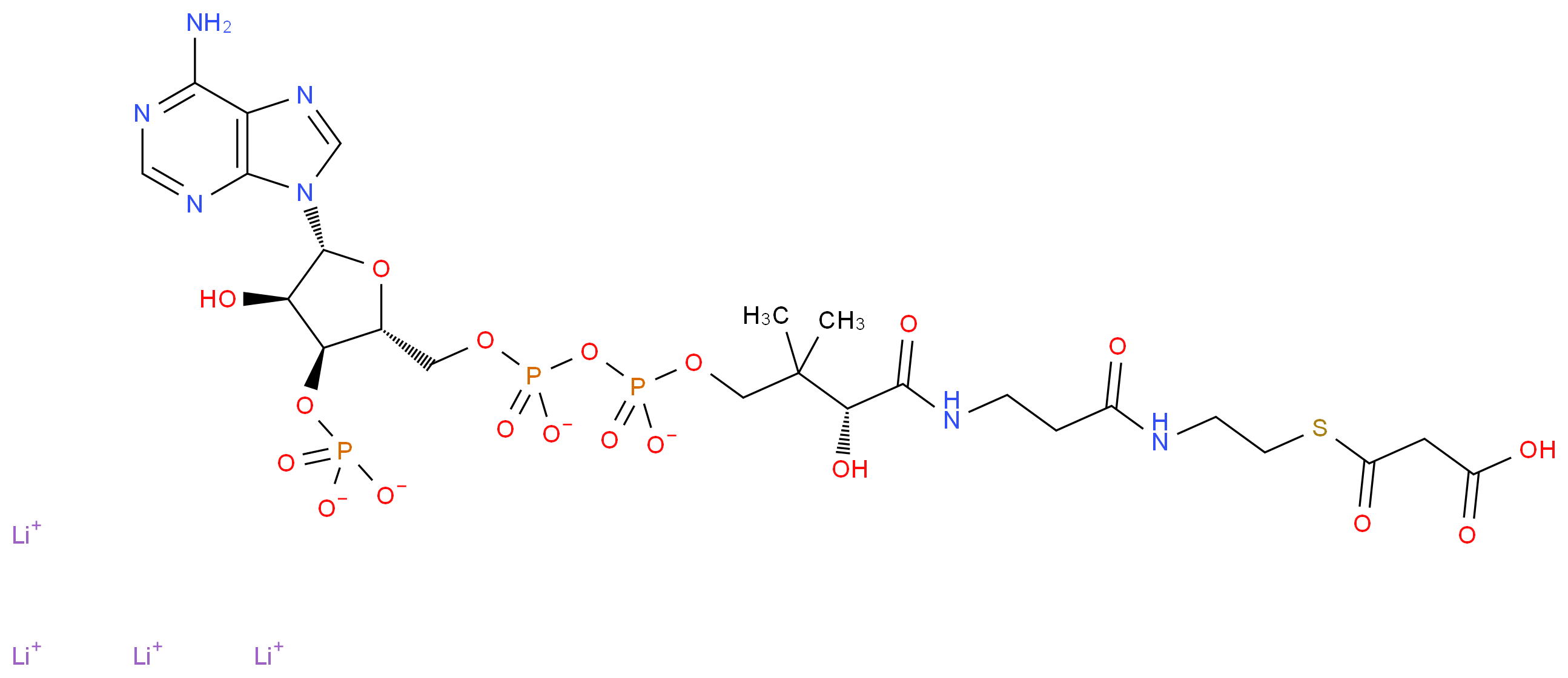 tetralithium(1+) ion (3R)-3-{[2-({2-[(2-carboxyacetyl)sulfanyl]ethyl}carbamoyl)ethyl]carbamoyl}-3-hydroxy-2,2-dimethylpropyl ({[(2R,3S,4R,5R)-5-(6-amino-9H-purin-9-yl)-4-hydroxy-3-(phosphonatooxy)oxolan-2-yl]methyl phosphonato}oxy)phosphonate_分子结构_CAS_116928-84-8