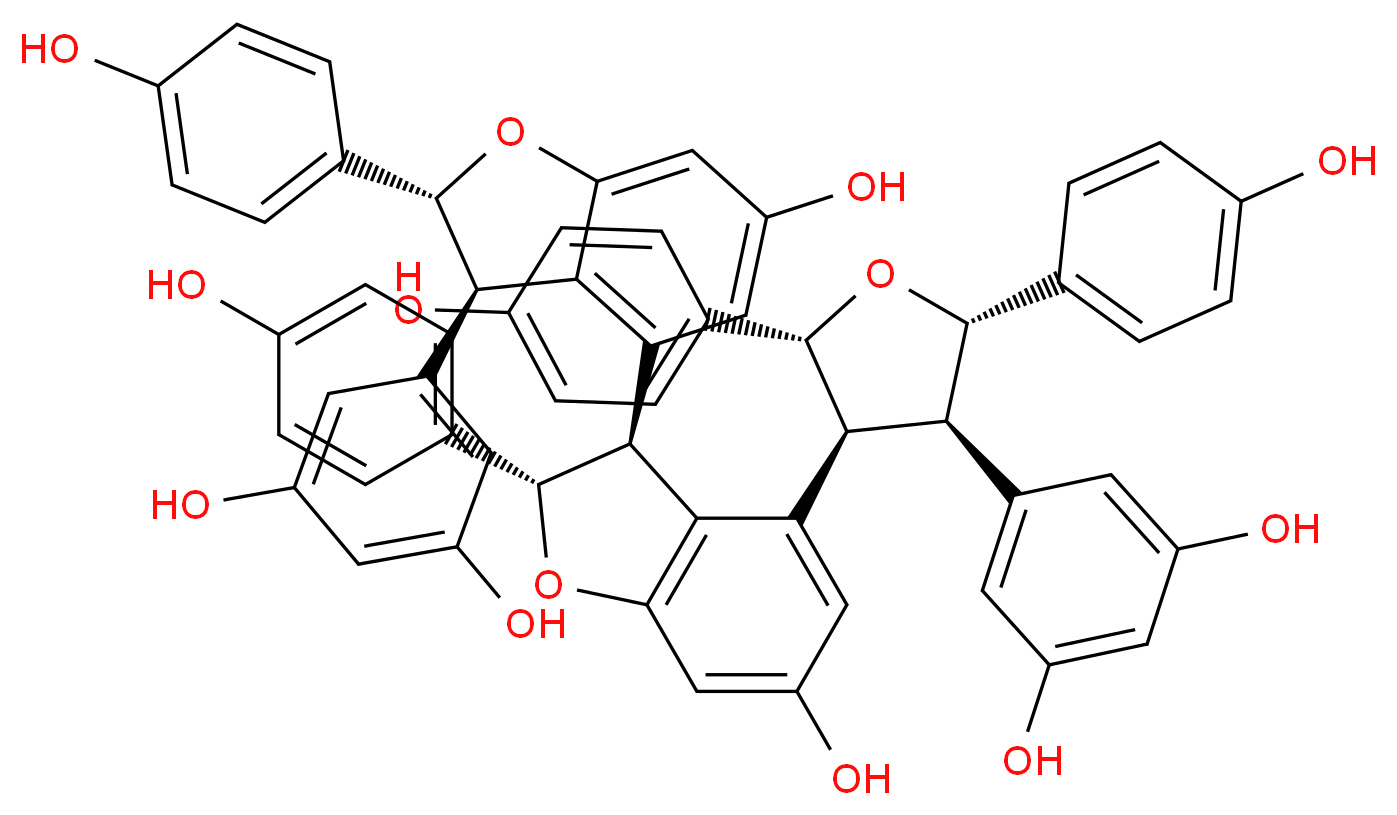 5-[(2R,3R)-4-[(2S,3S)-4-[(2R,3S,4R,5S)-4-(3,5-dihydroxyphenyl)-2,5-bis(4-hydroxyphenyl)oxolan-3-yl]-6-hydroxy-2-(4-hydroxyphenyl)-2,3-dihydro-1-benzofuran-3-yl]-6-hydroxy-2-(4-hydroxyphenyl)-2,3-dihydro-1-benzofuran-3-yl]benzene-1,3-diol_分子结构_CAS_777857-86-0